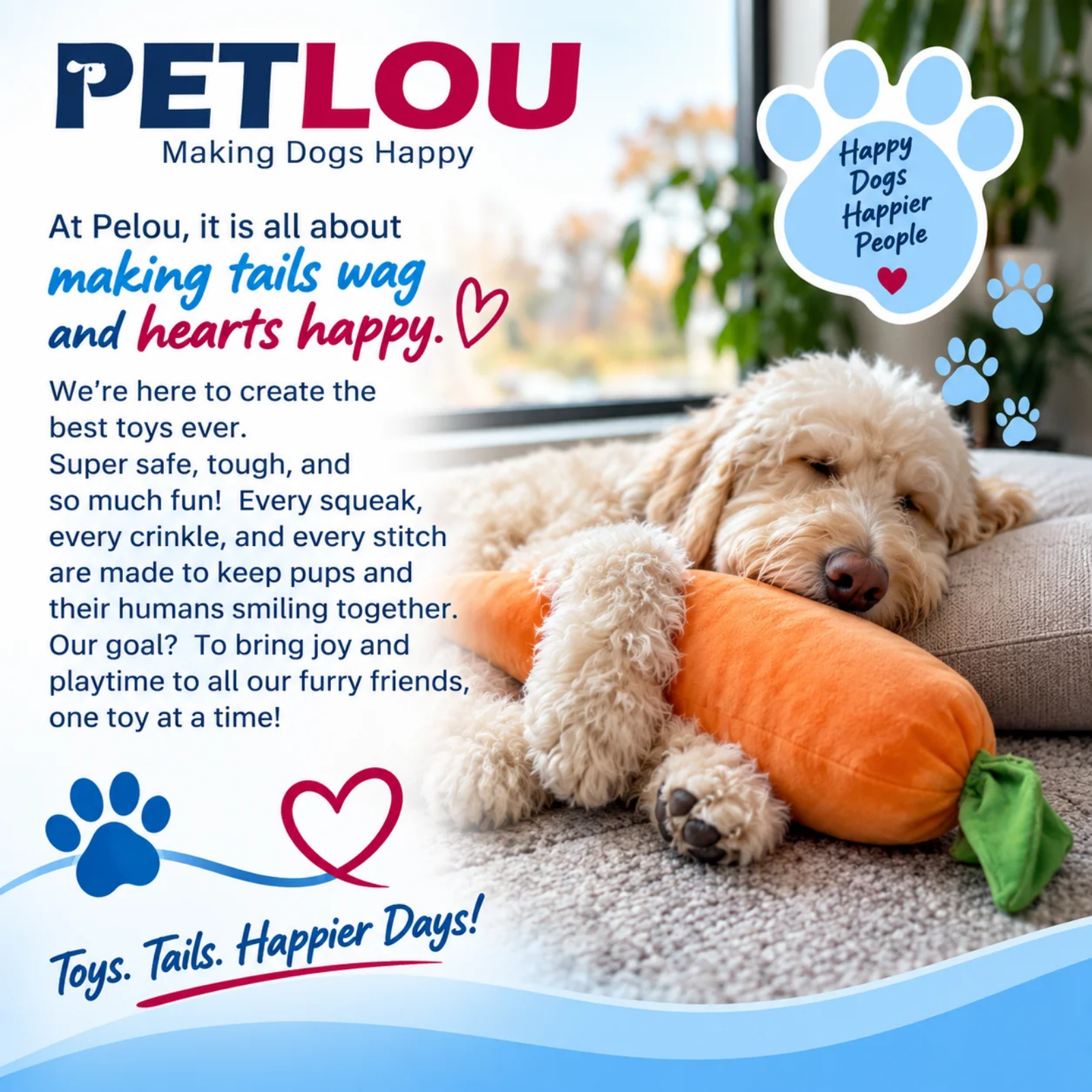 A gold curly haired dog rests on a carpeted floor, holding an orange plush carrot toy with a green leaf. The scene is overlaid with promotional text for PETLOU and decorative paw-print graphics, indicating a branded marketing image for a pet toy.