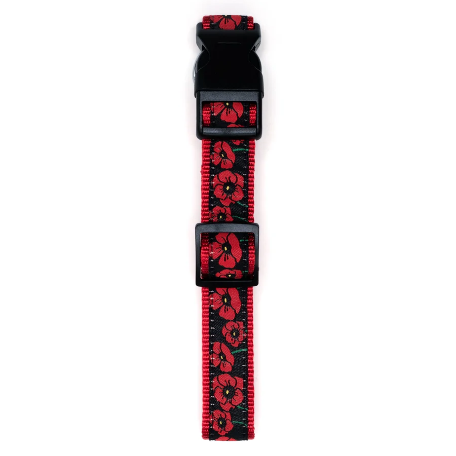 A pet collar with a black plastic buckle and a woven strap featuring a red poppy floral pattern on a black background.