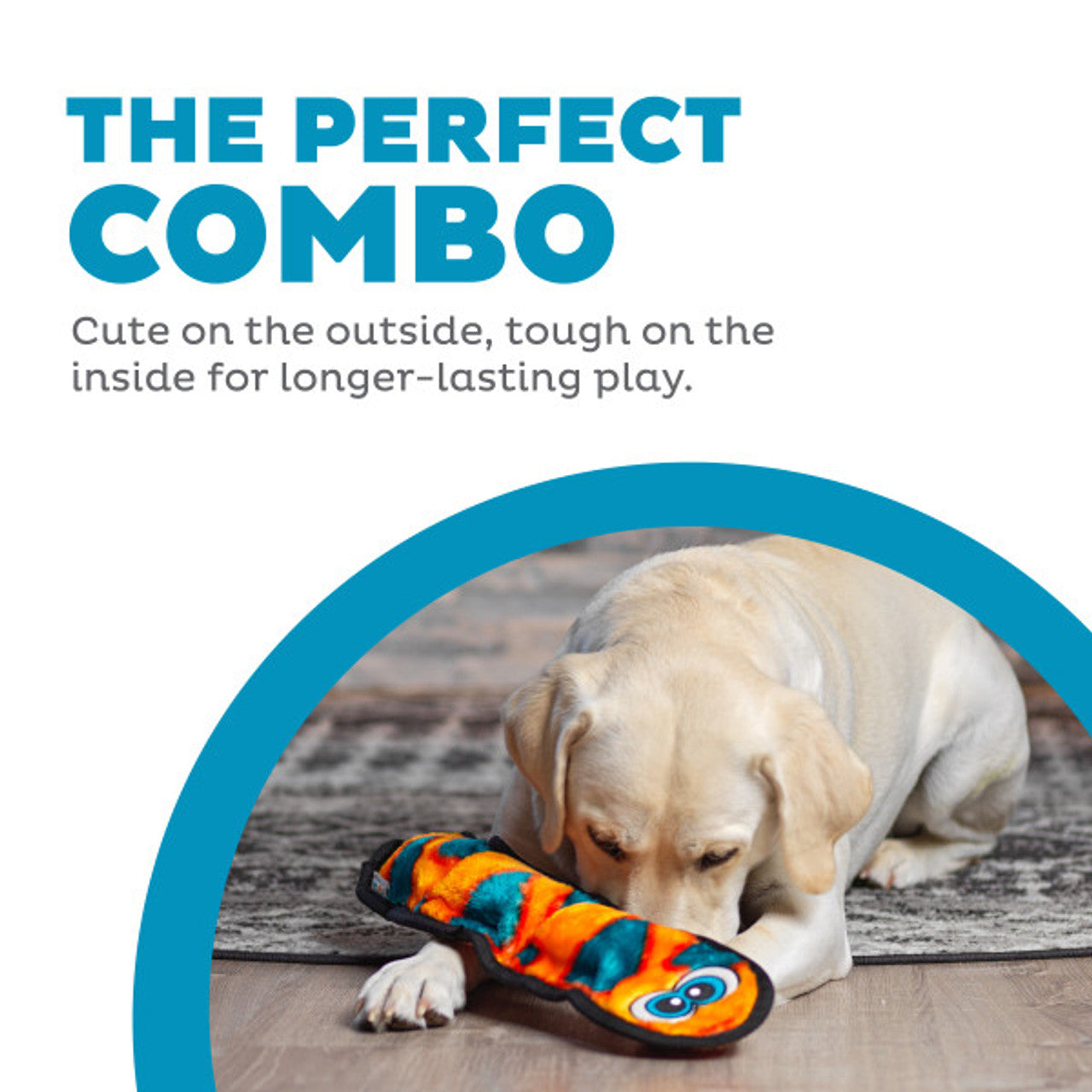 Dog playing with a colorful toy on a wooden floor, with text about the product's durability.