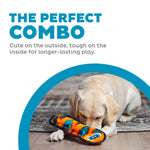 Dog playing with a colorful toy on a wooden floor, with text about the product's durability.