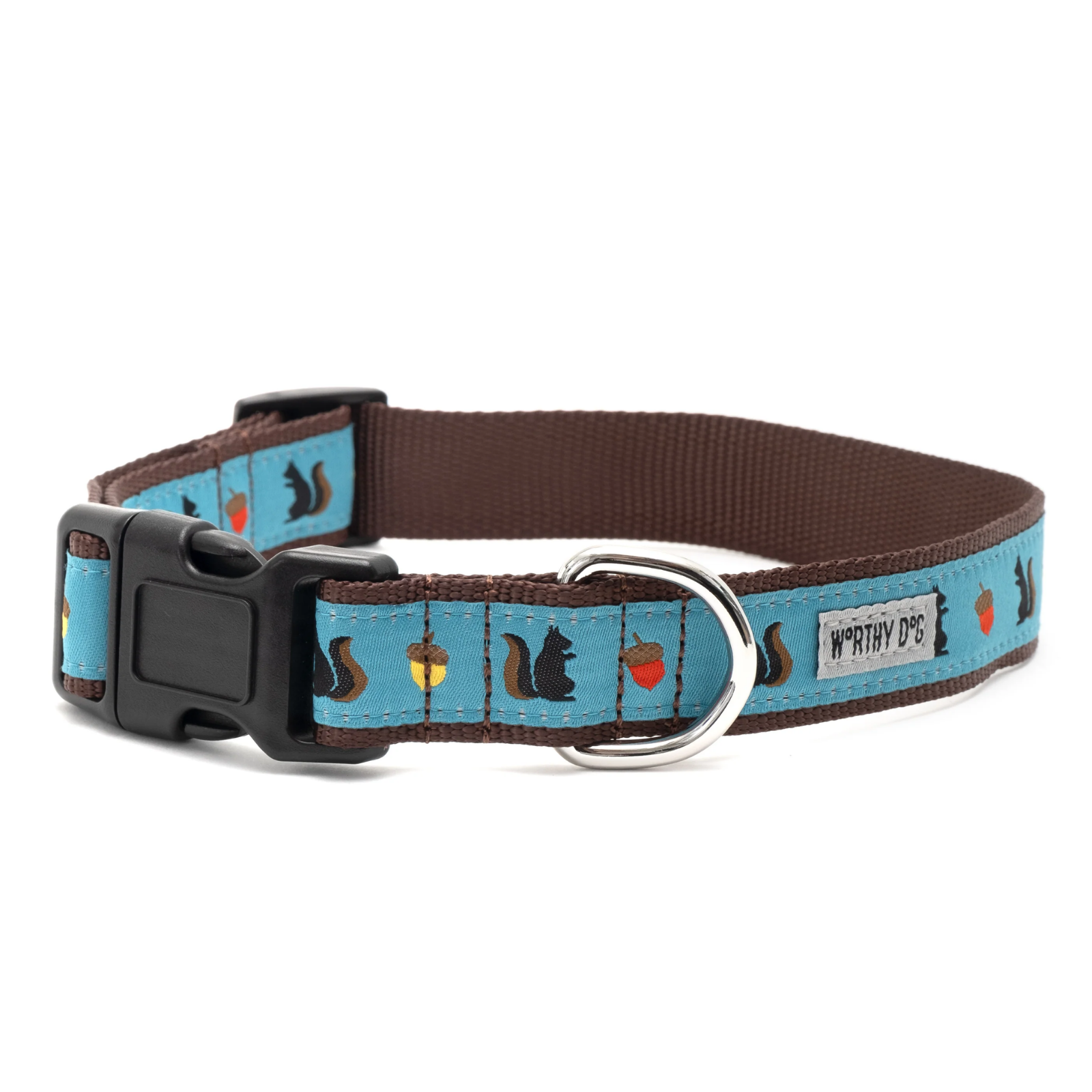 A brown and light blue dog collar with a pattern of squirrels, acorns, and berries, featuring a black plastic quick-release buckle and a silver metal ring.