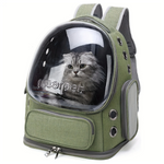 Green pet backpack with a cat inside, featuring the brand 'moorpet'.