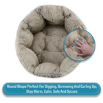 Round pet bed with plush texture, hand for scale, and text describing its benefits.
