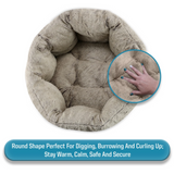 Round pet bed with plush texture, hand for scale, and text describing its benefits.