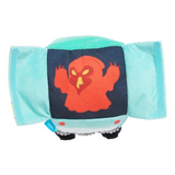 A light blue plush dog toy shaped like a monster with a dark navy front panel featuring a red cartoon creature graphic, photographed on a white background.