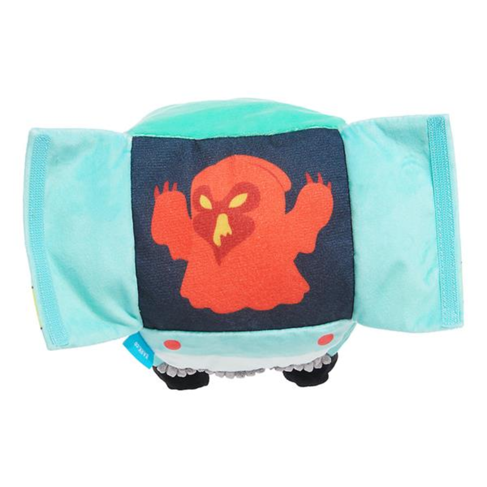 A light blue plush dog toy shaped like a monster with a dark navy front panel featuring a red cartoon creature graphic, photographed on a white background.