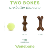 Two dog toys and a tennis ball with measurements and Benebone branding on a white background.