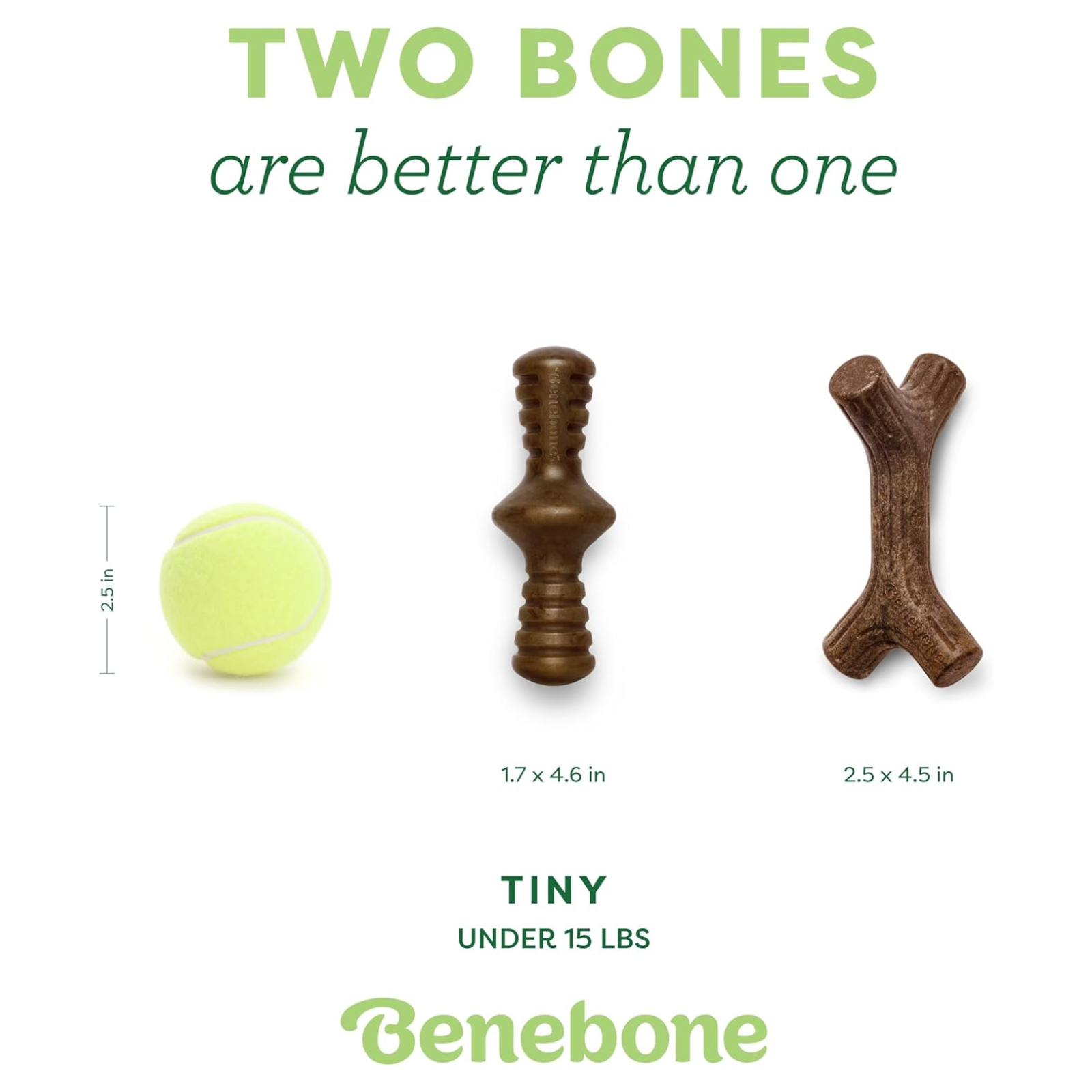 Two dog toys and a tennis ball with measurements and Benebone branding on a white background.