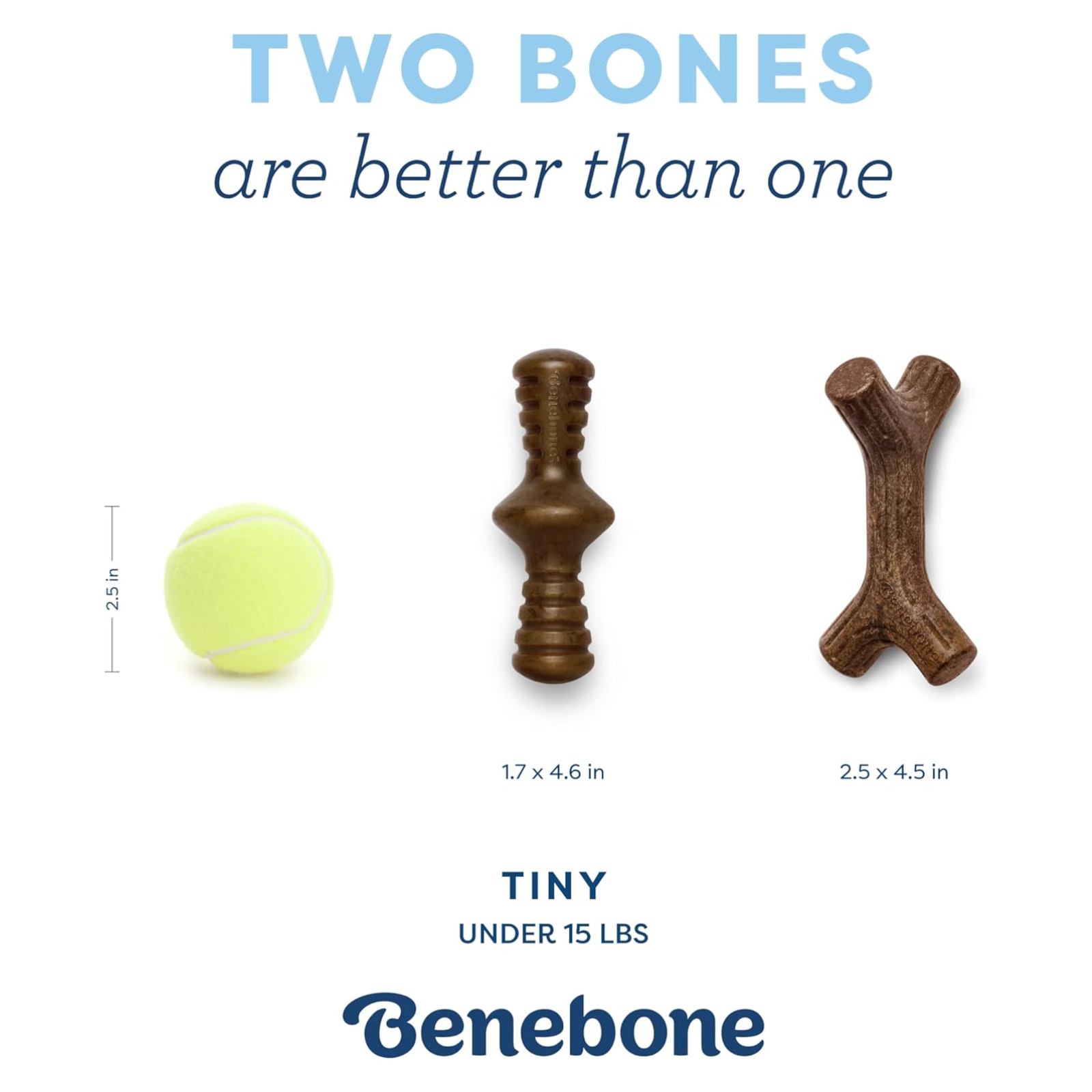 Two dog bones and a tennis ball with measurements and Benebone branding on a white background.