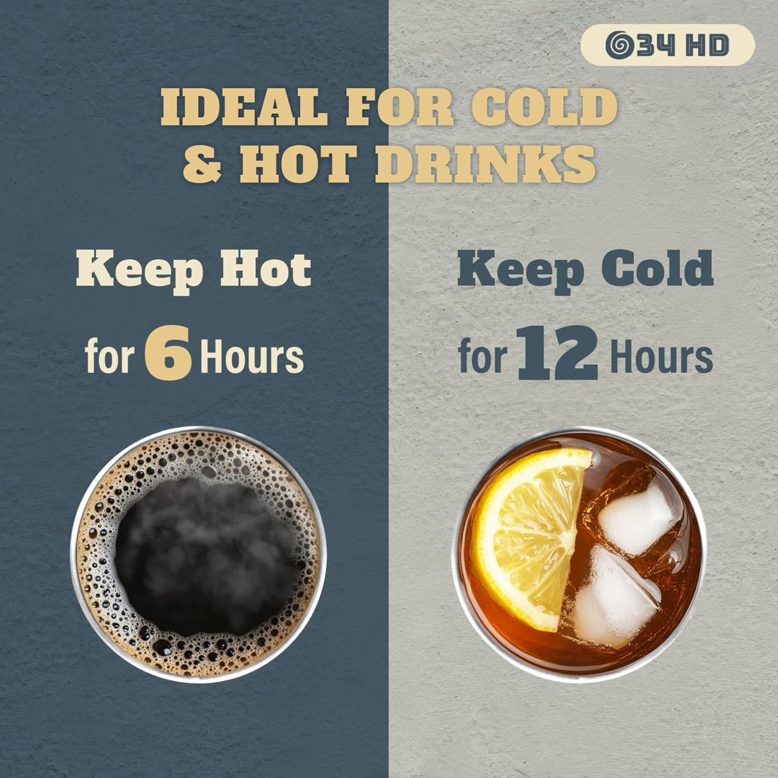 Advertisement showing the temperature retention capabilities of a product with hot and cold drinks.