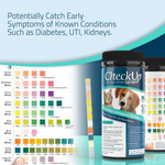 CheckUp Strips pet wellness urinalysis testing kit with color chart on a blue background