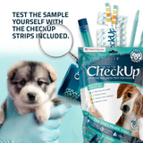 CheckUp at-home wellness test for dogs with a puppy, gloved hand, and magnifying glass on a light blue background.