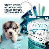 Dog urine sample collection kit with a puppy and gloved hand on a light blue background