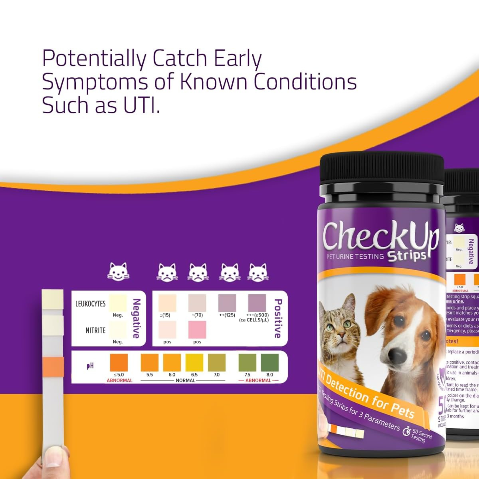 CheckUp Strips pet testing strips with a purple and orange background
