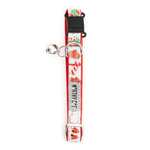 A Christmas-themed pet collar with a white background, red border, and festive illustrations of Santa Claus, snowman, pine trees, and ornaments. It features a black plastic buckle, silver metal rings, and a small silver bell.