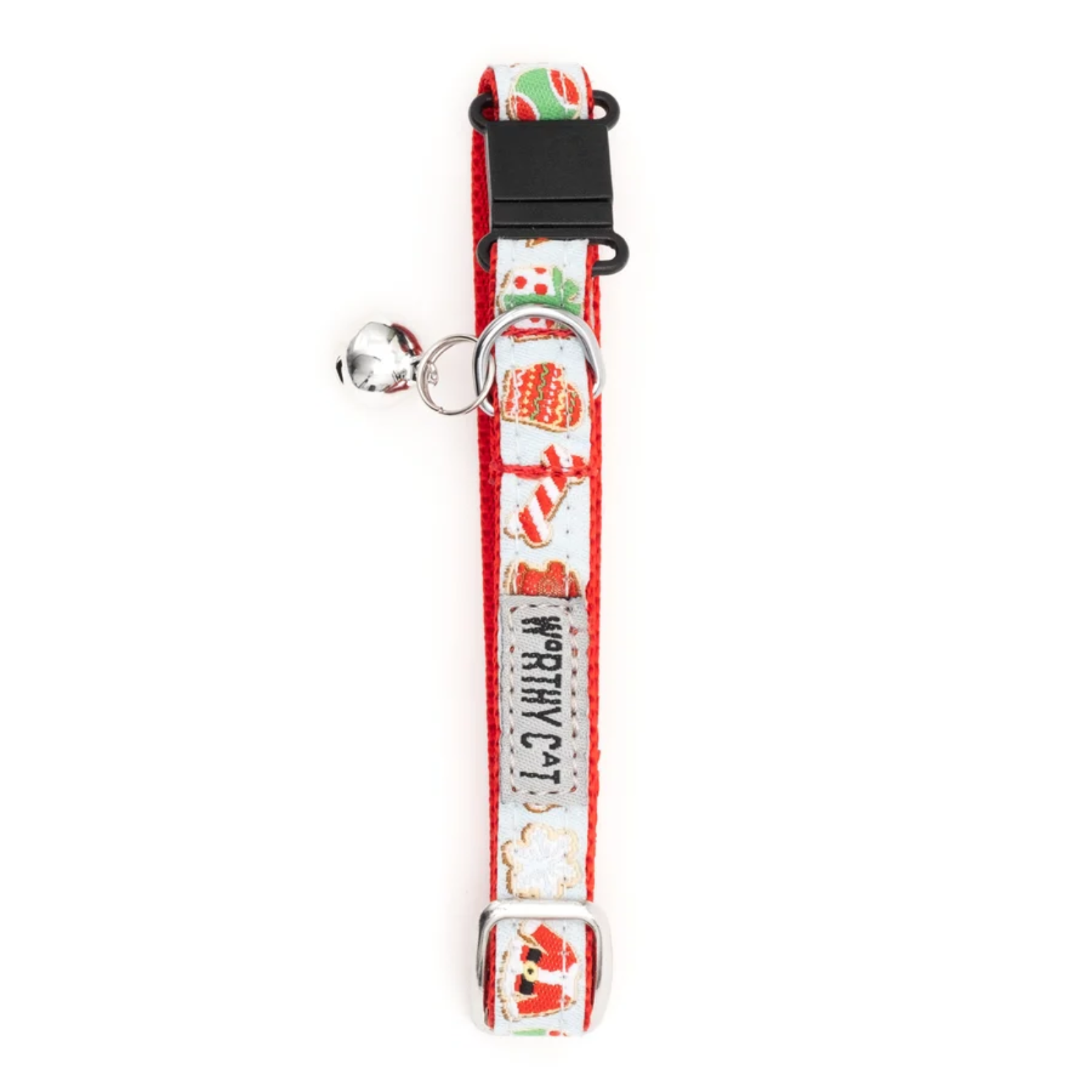 A Christmas-themed pet collar with a white background, red border, and festive illustrations of Santa Claus, snowman, pine trees, and ornaments. It features a black plastic buckle, silver metal rings, and a small silver bell.