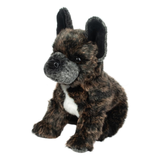 Plush toy bulldog with brown and black fur on a white background