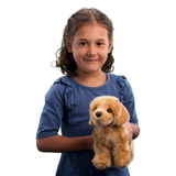 Young girl holding a plush dog toy against a white background