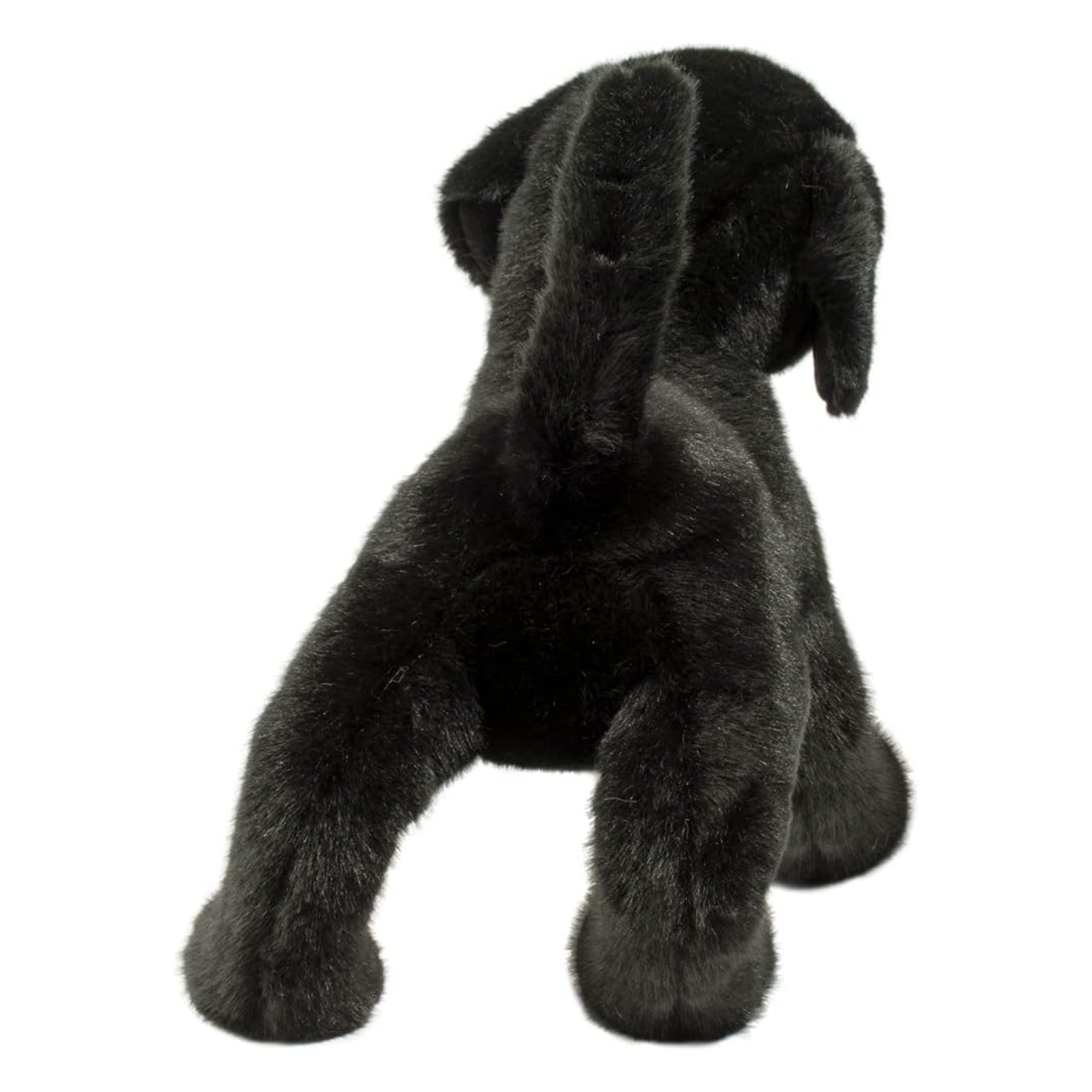 Black plush dog toy on a white background