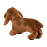 Brown plush dachshund toy with a tag on a white background