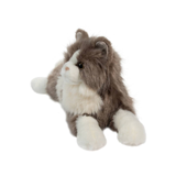 Plush toy cat with brown and white fur on a white background