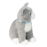 Plush toy cat with a blue collar on a white background