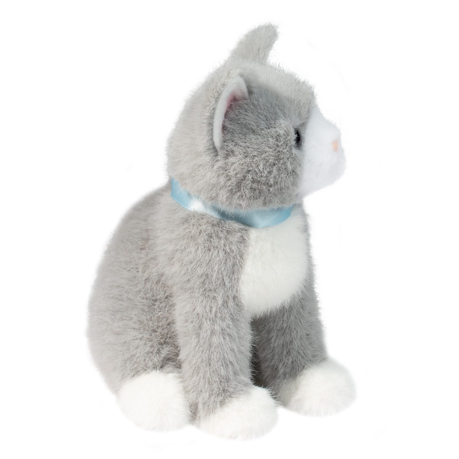 Plush toy cat with a blue collar on a white background
