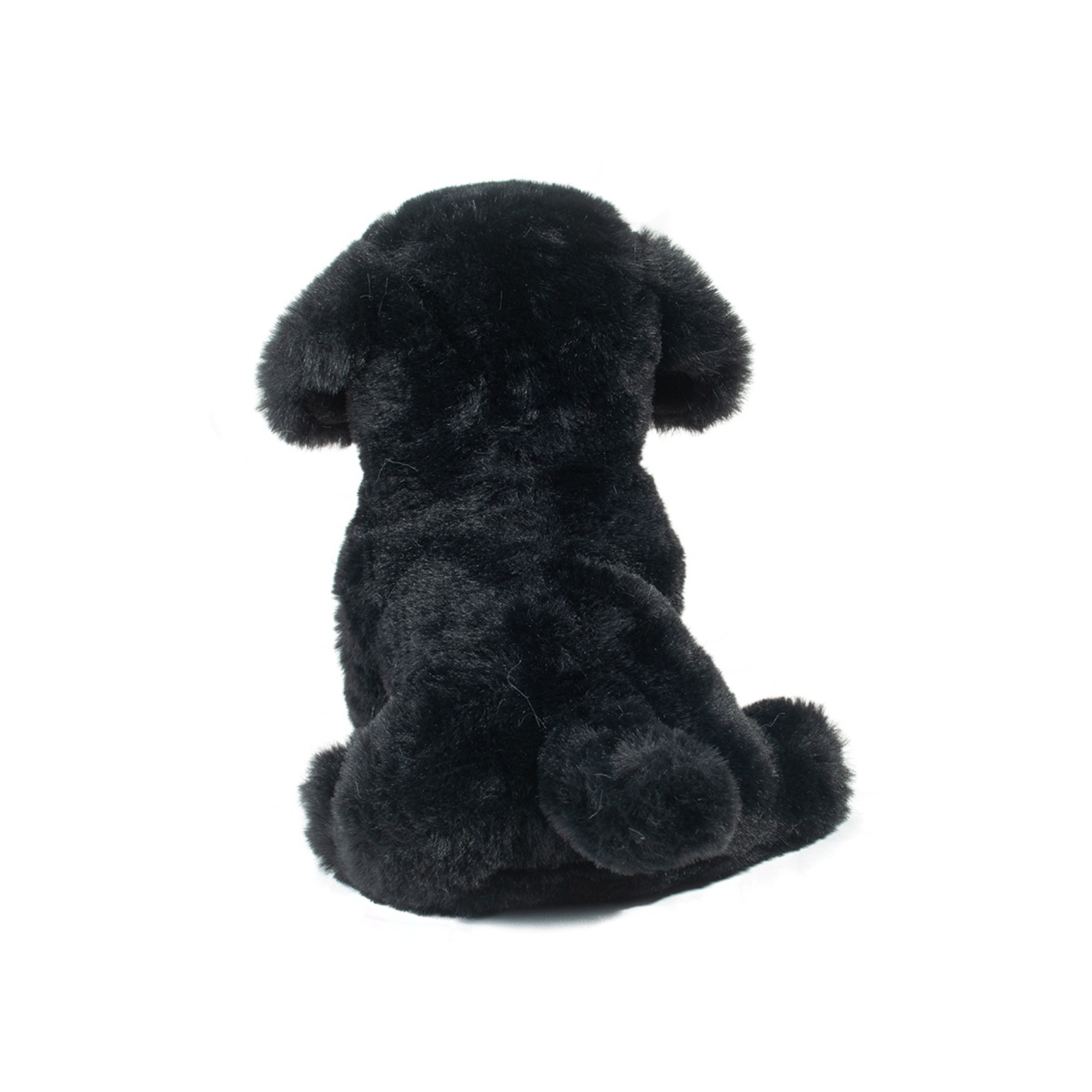 Black plush dog toy on a white background