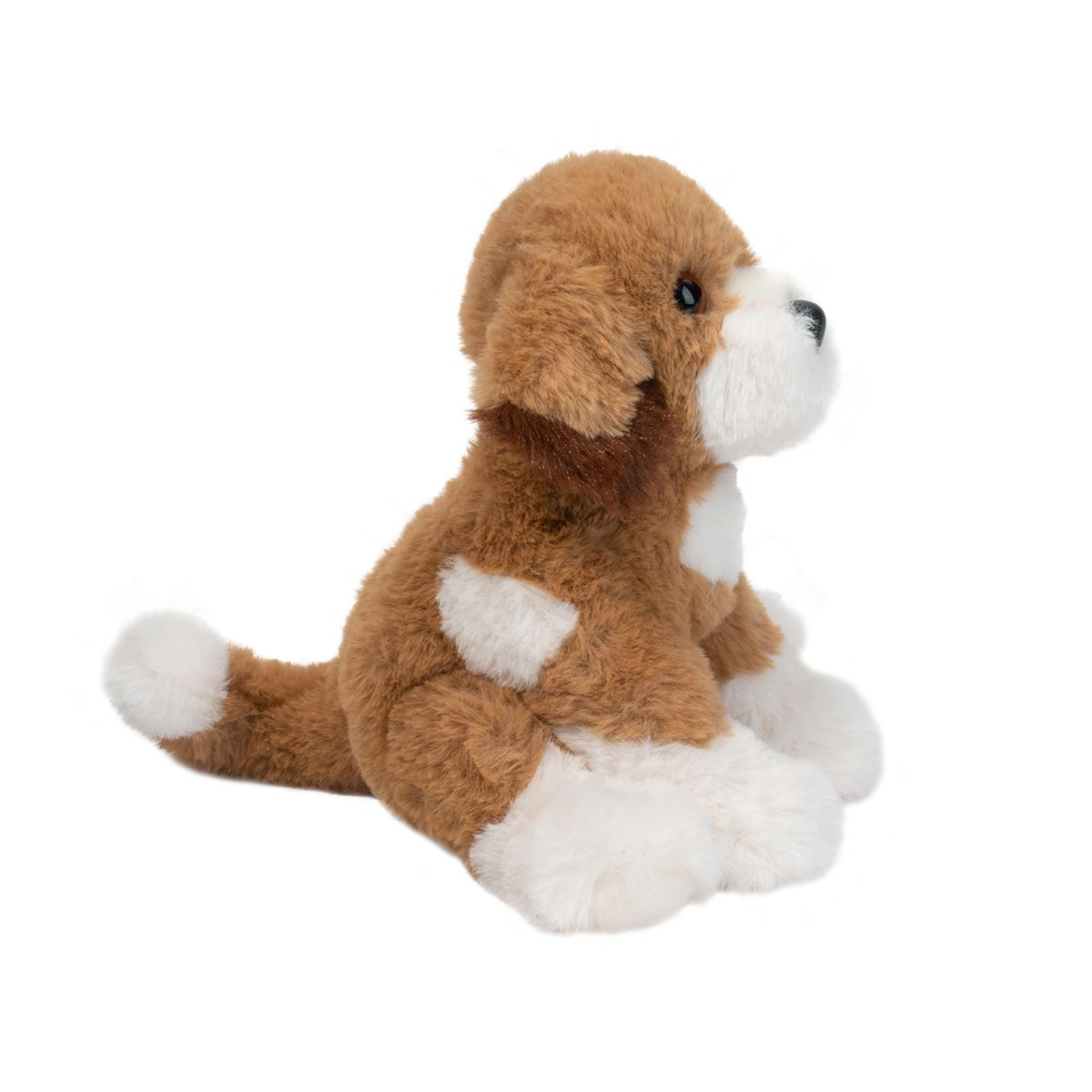 Plush dog toy with brown and white fur on a white background