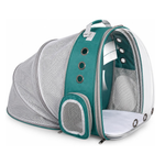 A dome-shaped cat pet carrier tent with a teal green and silver mesh exterior, clear plastic window, and white interior, shown on a plain white background.
