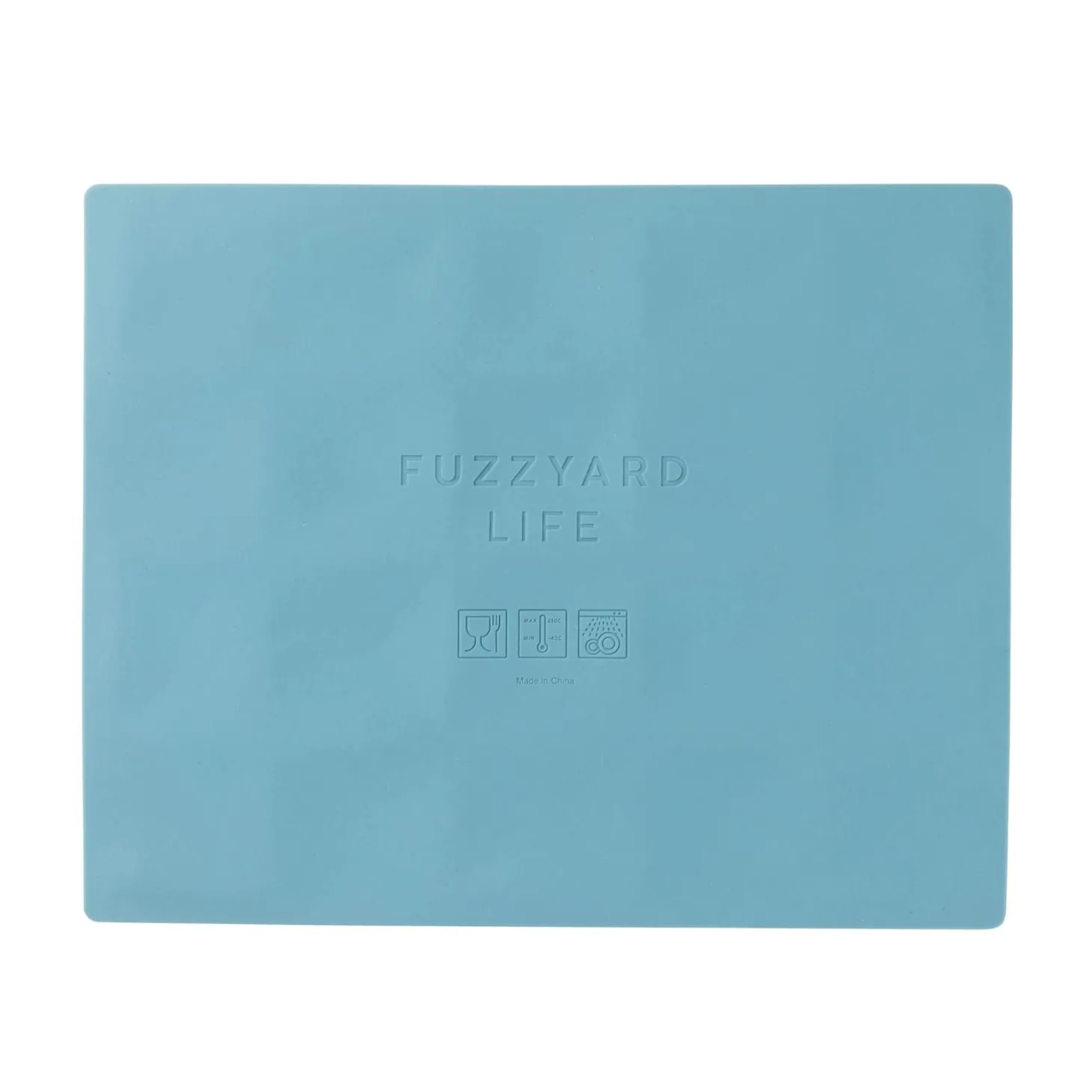 Light blue placemat with 'Fuzzyard Life' branding on a white background