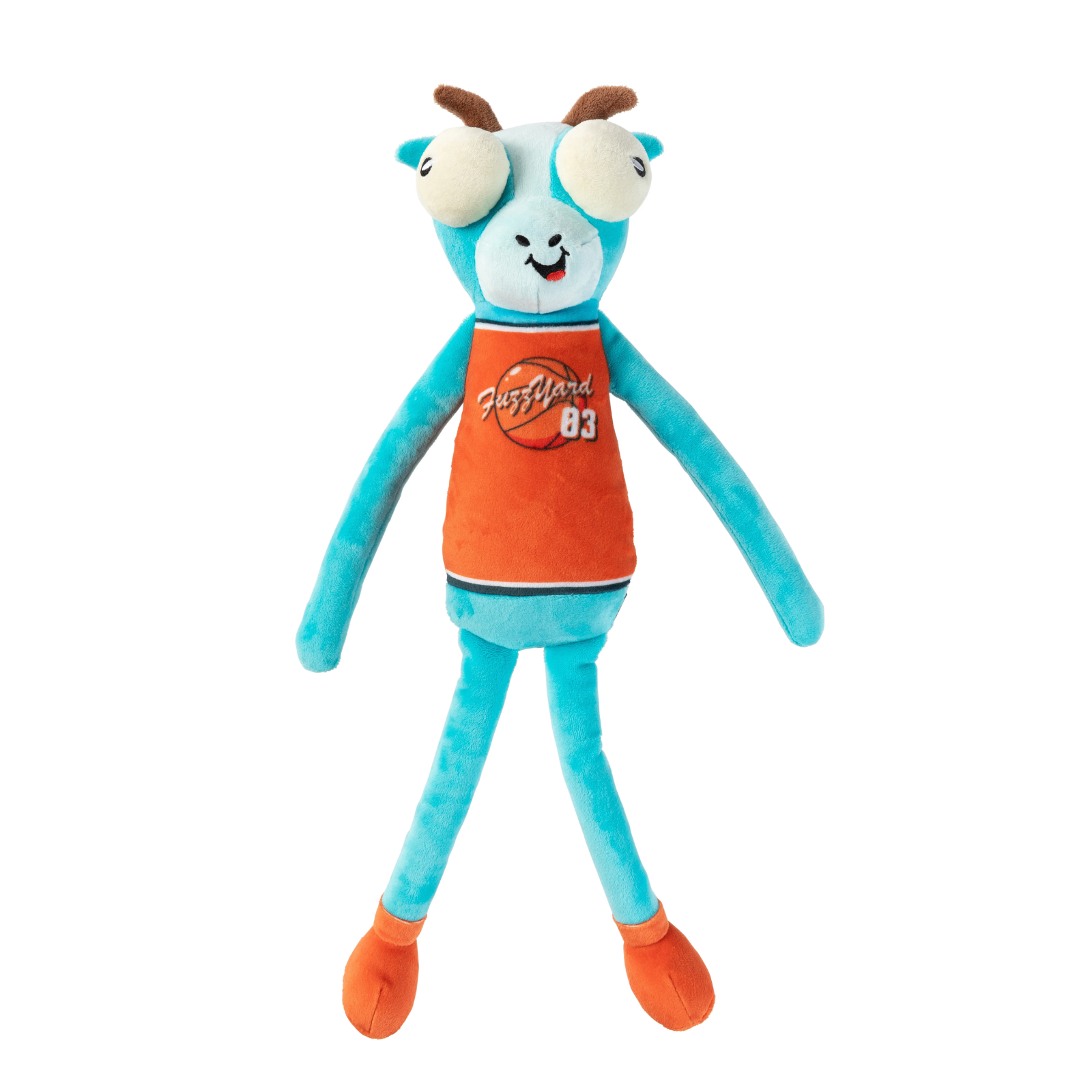 A plush toy shaped like a cartoon goat or antelope wearing an orange basketball jersey with the text 'FuzzYard 83' on a plain white background.
