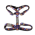 Dog harness with colorful cat pattern on a white background