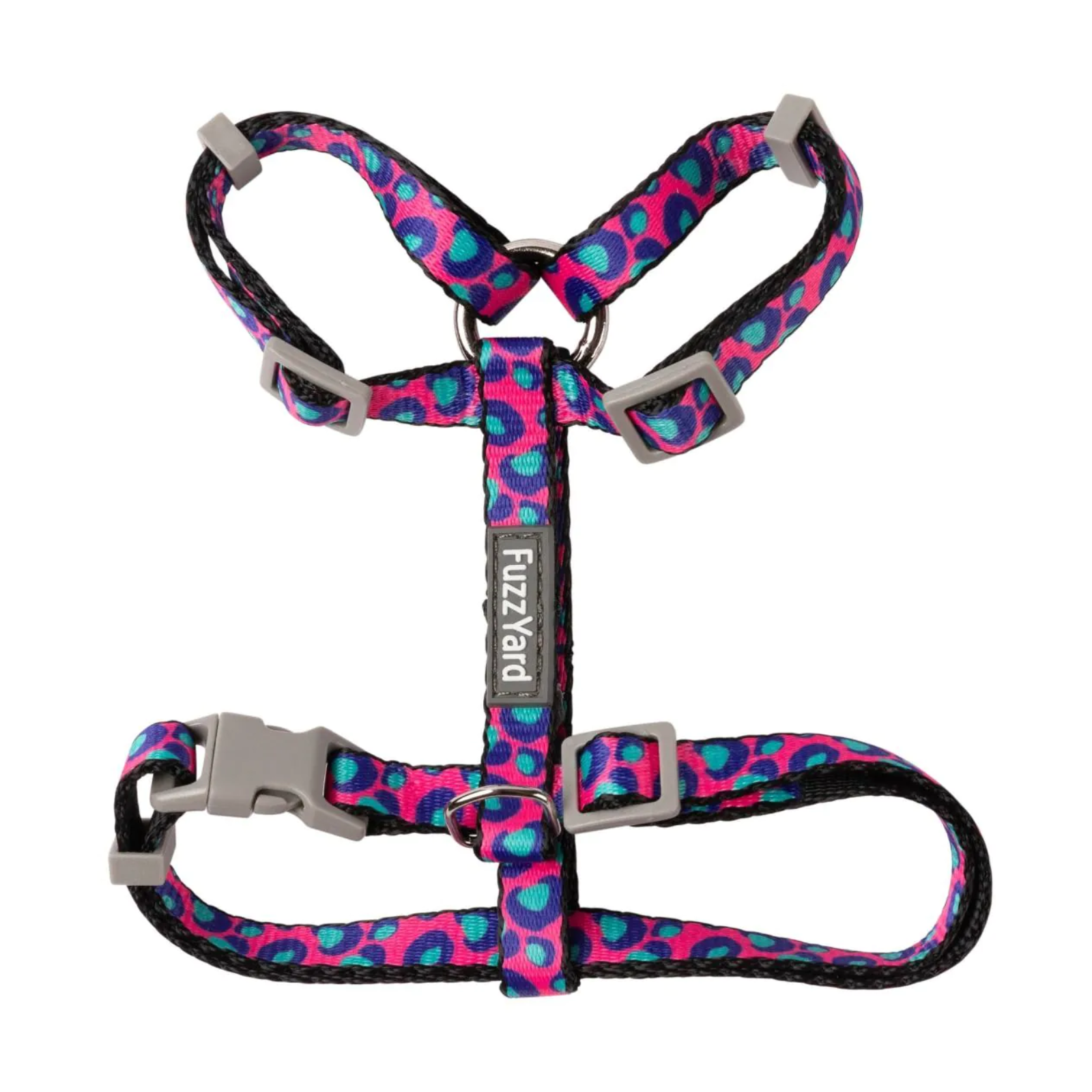 Dog harness and leash set with colorful pattern on a white background