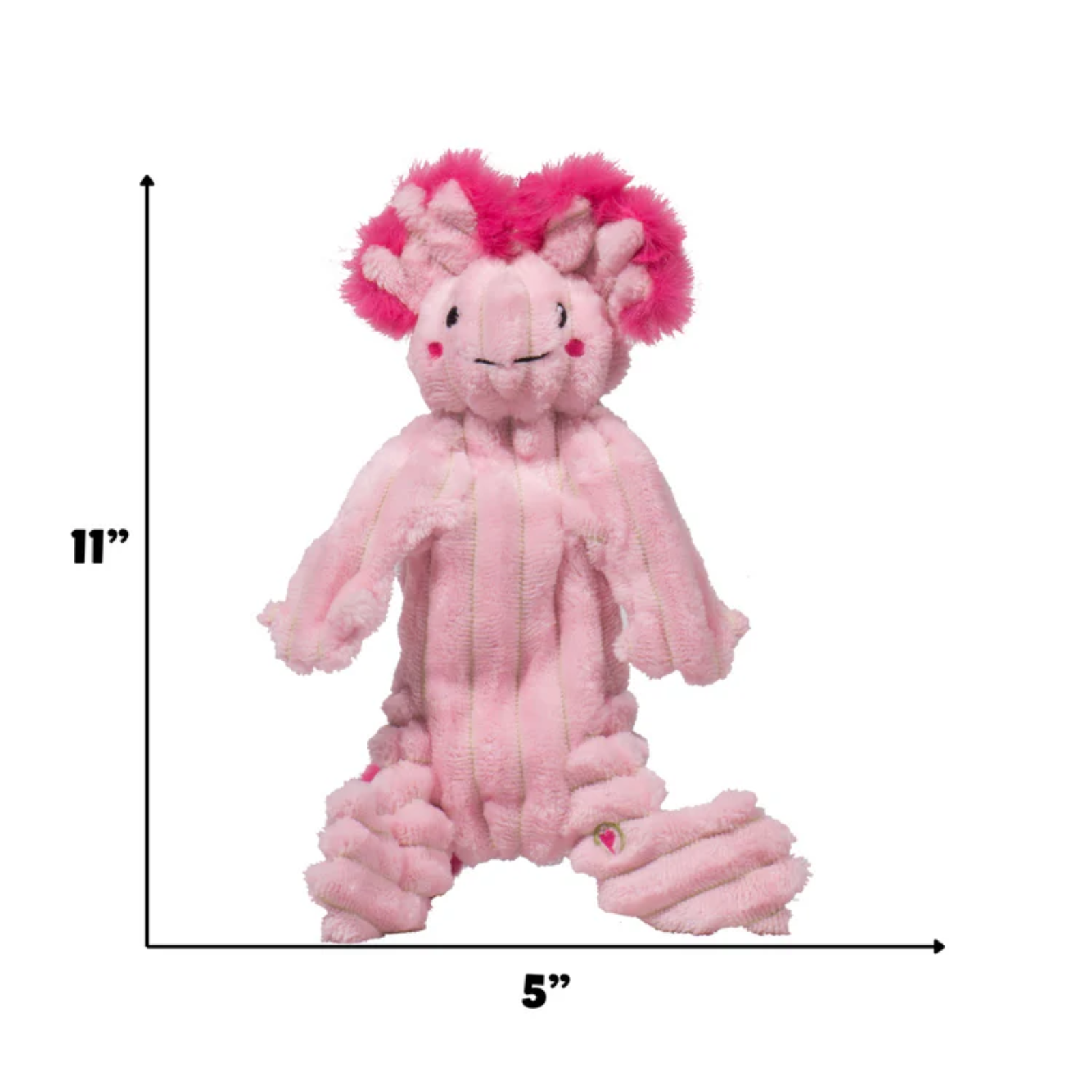 Pink plush toy with measurements on a white background
