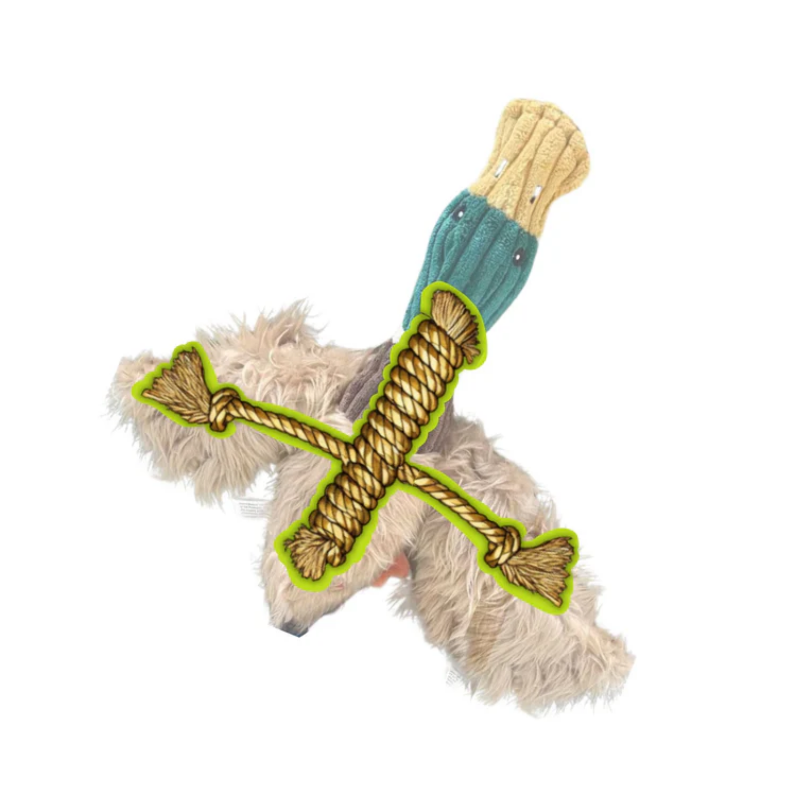 Dog toy with rope handle and plush body on a white background