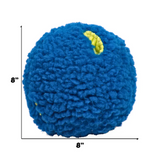 Blue textured ball with a yellow center, shown with dimensions on a white background