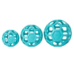 Three turquoise dog toys with a hexagonal design on a white background