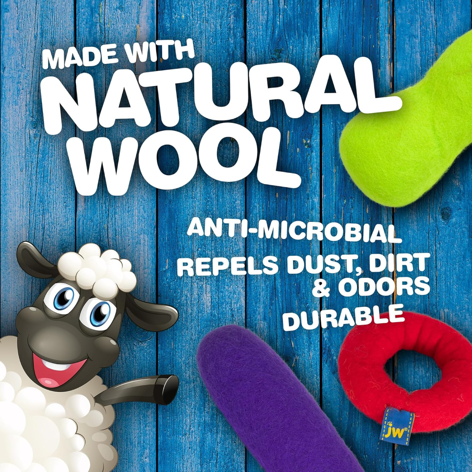 Sheep-shaped toy with text about natural wool on a blue wooden background