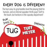 Red toy with text describing features and play style, on a white background