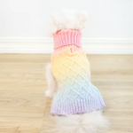 Dog wearing a colorful knitted sweater on a wooden floor