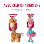 Two KONG plush dog toys in retail packaging on a white background, with large pink text reading 'ASSORTED CHARACTERS' above. One toy is a giraffe with orange, tan, cream, and purple details, and the other is a pink flamingo with teal and pink details.