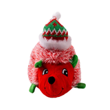 A red plush hedgehog toy with green legs and a knitted red, green, and white Santa hat, shown against a plain white background.