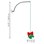 Christmas mistletoe hanging decoration with a black curved rod, white suction cup, green hanging string, green mistletoe with white dots, and a red bow, shown with dimension markers of 14.5 inches (36.