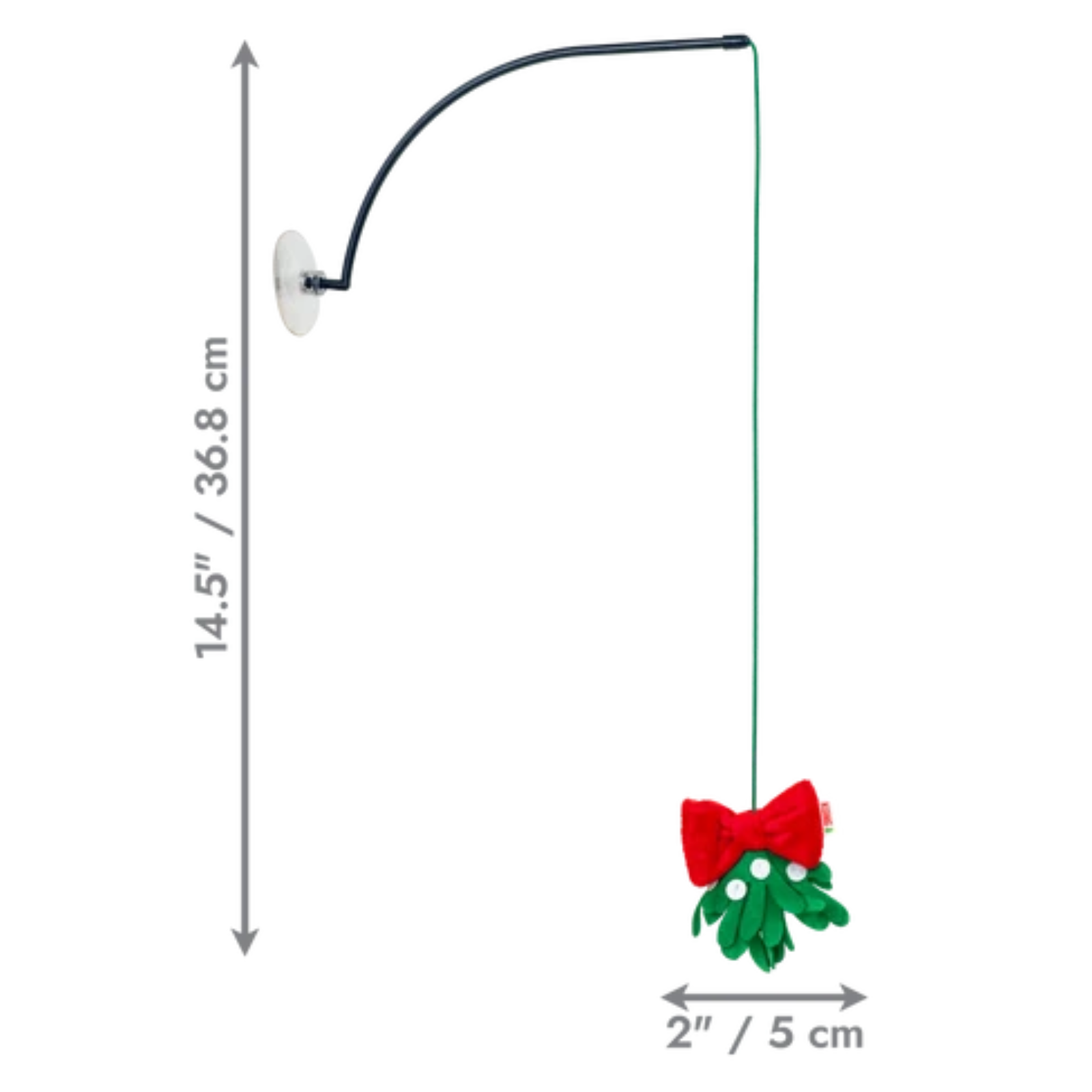 Christmas mistletoe hanging decoration with a black curved rod, white suction cup, green hanging string, green mistletoe with white dots, and a red bow, shown with dimension markers of 14.5 inches (36.