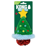 Kong Crumbles Christmas tree-shaped pet toy in its original green cardboard packaging, featuring a green plush tree with a yellow star, colorful dots, a light blue faux-fur trim, and a red crinkle ball base.
