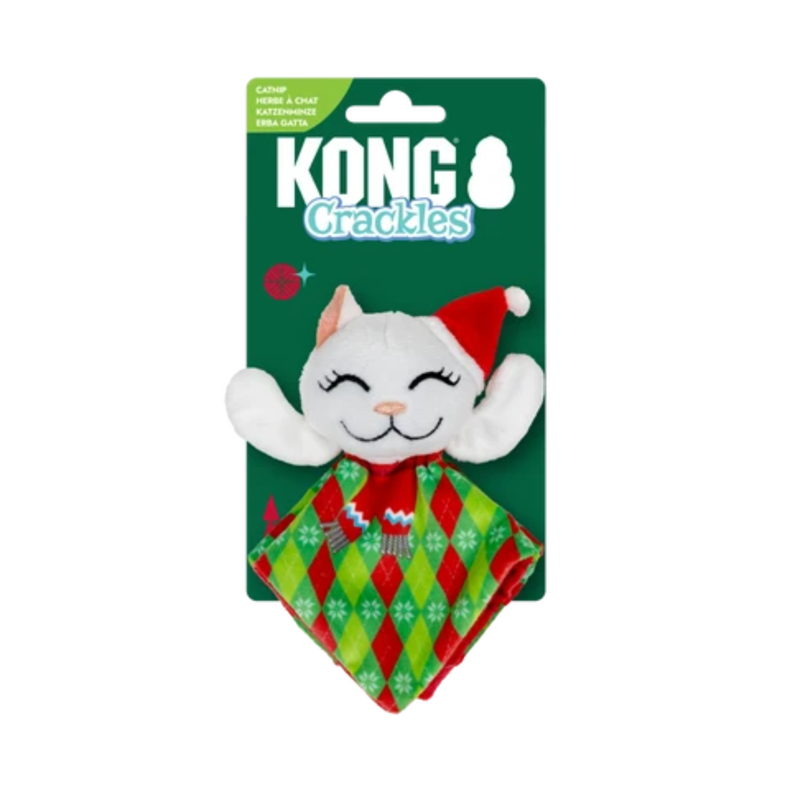 Kong Crackle toy for cats in a festive outfit on packaging
