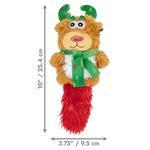Plush reindeer toy with dimensions on a white background