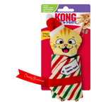 KONG PETA-part dog toy shaped like a cat's paw, decorated with a red Santa hat and a red, green, and white striped scarf, attached to its original retail packaging.