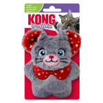 Kong Snuggles cat toy in its original retail packaging, featuring a gray plush cat with red ears and a red bow tie with white polka dots.